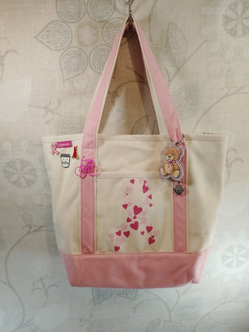 Lands' End Cream and Pink Shoulder Tote Bag with  Charms &Heart Ribbon Motif